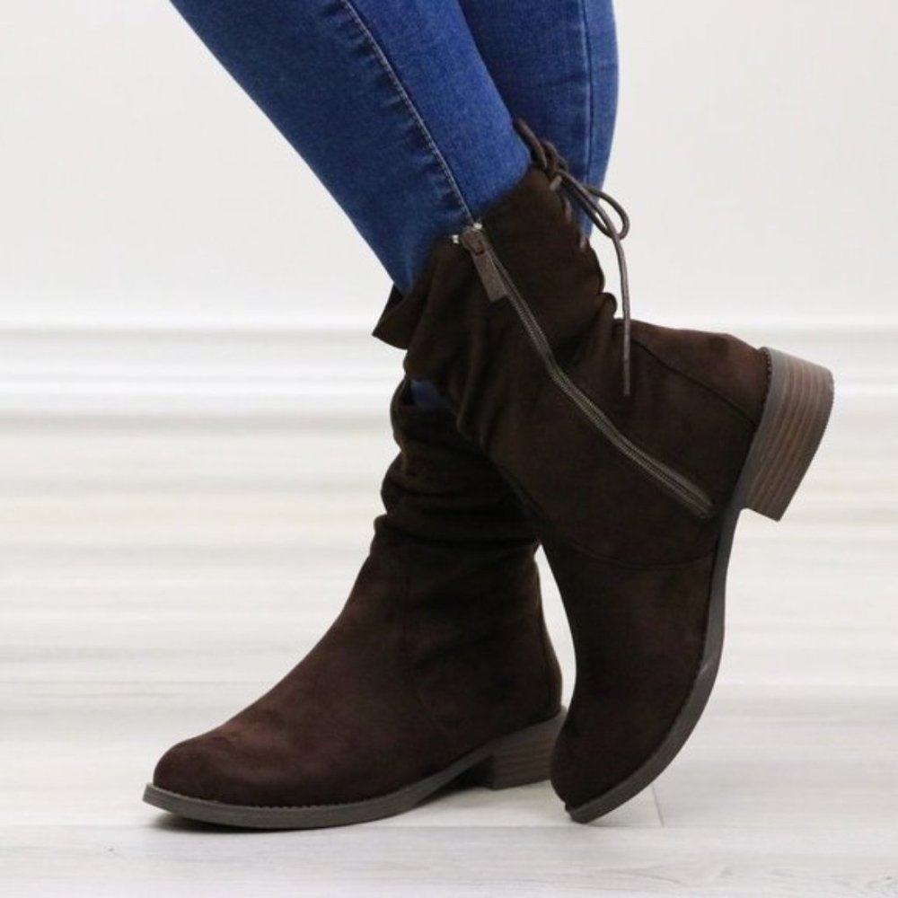 Brown Round Toe Suede Ankle Booties With Lace Back - Picture 2 of 15